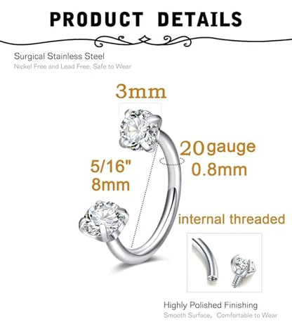 MODRSA 20g Nose Rings Hoops Nose Studs for Women Surgical Steel Hypoallergenic 20 Gauge Nostril Piercing Jewelry L Shape Crokscrew Silver Rose Gold Black Hoop Nostril Rings for Men - color: B11 - Horseshoe ring 20g - silver