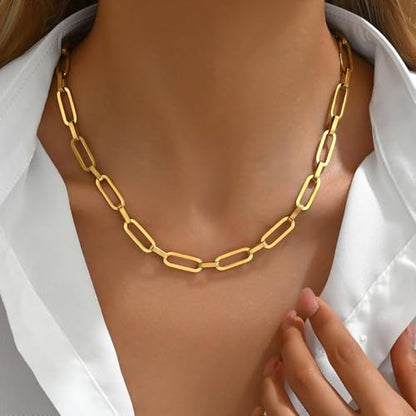 18K Gold Plated Chunky Chain Necklace for Women Dainty Cuban Paperclip Chain Toggle Bar Clasp Necklace Thick Trendy Layering Gold Chain Link Stainless Steel Jewelry - style: Paperclip-Gold