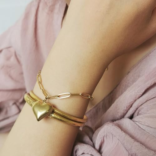 Stainless Steel Puffy Heart Charms Paperclip Chain Bracelet | Paper Clip,for Women,Love - color: 18K Gold Color