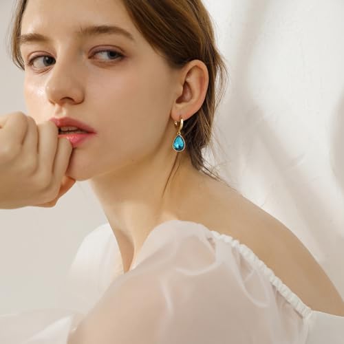 Crystals Teardrop Dangle Drop Earrings, 18K Gold Plated Hoop Earrings Zirconia Jewelry for Women Gifts - color: Blue