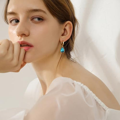 Crystals Teardrop Dangle Drop Earrings, 18K Gold Plated Hoop Earrings Zirconia Jewelry for Women Gifts - color: Blue