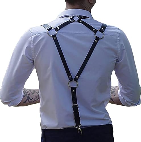 Mens Black Leather Armors Suspenders Shoulder Strap Body Chest Harness Chain Belt Adjustable Gay Punk Clubwear Costume - color: Black3