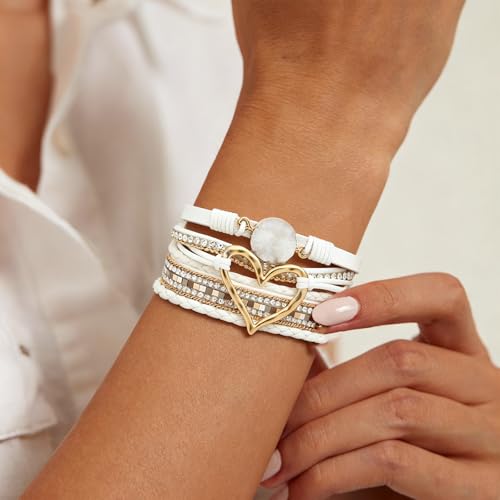 Leather Wrap Bracelets for Women, Boho Leopard Multi-Layer Crystal Beads Cuff Jewelry - color: J-Warp-019