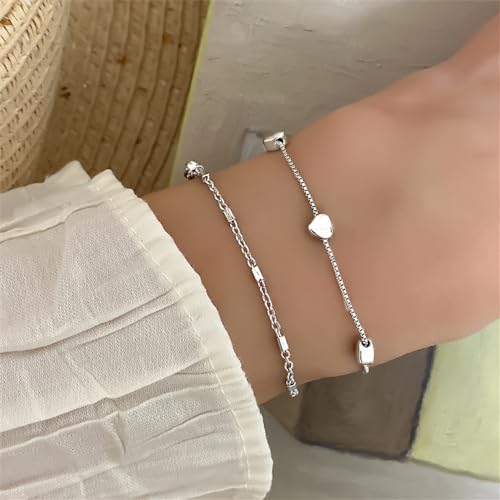 14K White Gold Plated Link Bracelet for Women Heart Star Round Beaded Charms Dainty Chain Simple Jewelry Gifts - color: heart link