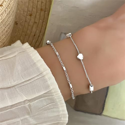 14K White Gold Plated Link Bracelet for Women Heart Star Round Beaded Charms Dainty Chain Simple Jewelry Gifts - color: heart link