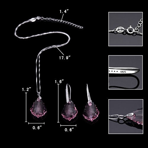 EleQueen 925 Sterling Silver CZ Baroque Drop Pendant Necklace Dangle Earrings Set Made with Austrian Crystal, Valentine's Day/Mother's Day/Christmas Jewelry Gift - color: Pink