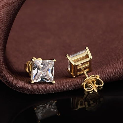 925 Sterling Silver Cubic Zirconia Stud Earrings for Women/Men Hypoallergenic Stud Earrings 4MM-8MM - style: E: Square Stud-Yellow