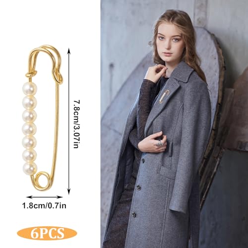 6 PCS Faux Pearl Brooch Pin Safety Pins Decorative for Women, Gold Pearl Pin for Clothes Pants Clips to Tighten Waist, Large Waist Extender Decorative Pins for Shawl Sweater Dress Hat Pants Wedding