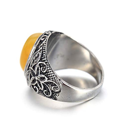 Retro Unisex Stainless Steel Oval Gemstone Hollow Flower Carved Signet Ring - color: Silver-Yellow