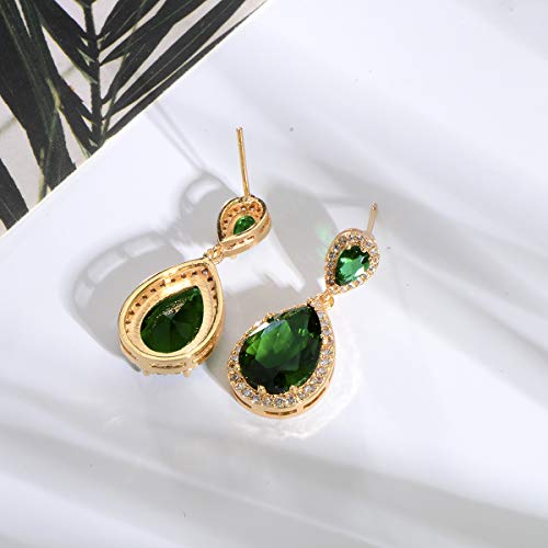 Bridal Jewelry Set for Wedding - 18k Plated Teardrop CZ Crystal Cubic Zirconia Rhinestone Necklace Earrings Set for Bride Bridesmaids Mother of Bride Party Prom Birthstone Costume Jewelry - color: May-Green