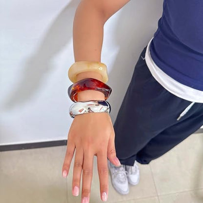 2PCS Chunky Acrylic Bracelet for Women Large Square Resin Cuff Vintage Open Bangle Bracelets Wide Geometric Jewelry - style: F-4pcs