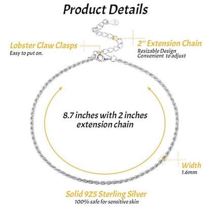 ChicSilver 925 Sterling Silver Ankle Bracelet for Women, Simple Cuban Link/Figaro/Twist Rope Chain Anklets for Beach Party(with Gift Box) - style: 08: Twist Rope Chain-1.6mm wide