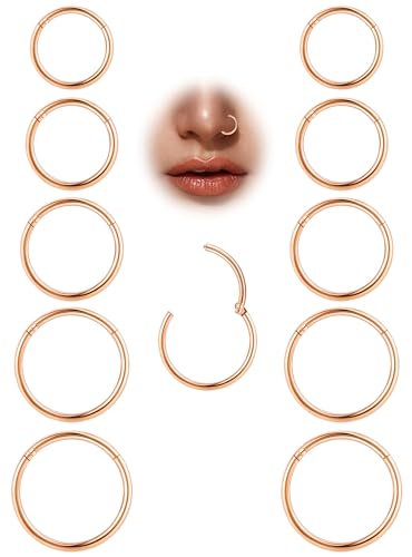 10Pcs 18G 20G Surgical Steel Nose Rings Hoops for Women Men Hinged Seamless Clicker Nose Hoops Cartilage Helix Tragus Daith Sleeper Earrings Hoop Hypoallergenic Nose Piercing 6/7/8/9/10MM - color: rose gold, size: 18G