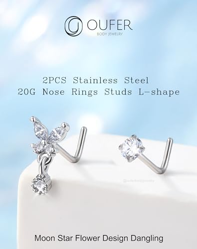 OUFER 2PCS Stainless Steel Nose Rings, Moon Star Butterfly Design 20G Nostril Dangle Piercing Jewelry - 7MM - style: Butterfly