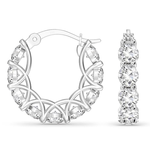 LeCalla 925 Sterling Silver Cubic Zirconia Hoop Earrings | Silver Small Chunky CZ Hoop Earrings | Hypoallergenic Round Click-Top Earring Hoops for Women - color: White-Gold CZ -20MM