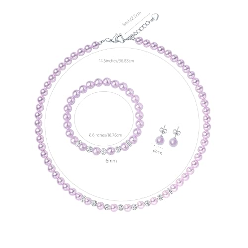 6mm Pearl Jewelry Set for Women & Girls, Necklace Bracelet Earrings | Sparkling Rhinestone Detail, Faux Pearl Set, Prom Gift - style: 14.5 inches purple