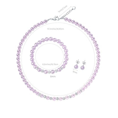 6mm Pearl Jewelry Set for Women & Girls, Necklace Bracelet Earrings | Sparkling Rhinestone Detail, Faux Pearl Set, Prom Gift - style: 14.5 inches purple