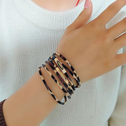 ZMANYIJEW Leather Wrap Bracelets for Women,Boho Cuff Bracelets Multi-Layer Crystal Beads Cuff Bracelet Multilayered Leopard Leather Braided Bangle Wrist Cuff Bangles - style: Leopard