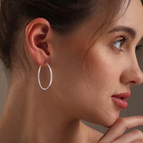 LeCalla 925 Sterling Silver Hoop Earrings for Women | Lightweight Classic Diamond-Cut Textured Hoop Earring | Women's Earring Hoops Size 20/25/30/35/40MM - color: 35MM / Tube-2mm