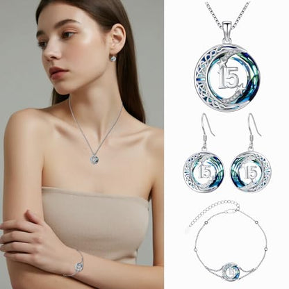 JUSTKIDSTOY Birthday Gifts for Women Girls 925 Sterling Silver Celtic Moon Star Necklace with Blue Crystal Pendant Jewelry for Sister Friends - style: 15th