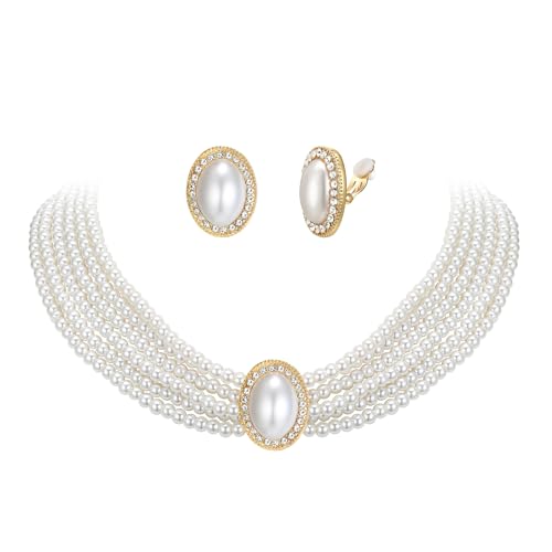 Vintage 1920s Costume Jewelry Multilayer Imitation Pearls Shiny Strand Choker Necklace Large Dangle Earrings for Women Wedding Halloween Cosplay Party Prom Accessories - style: Clip On