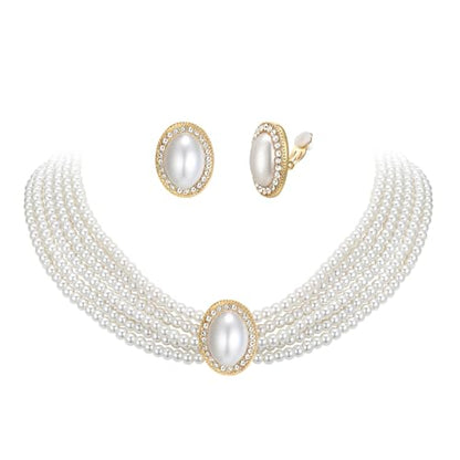 Vintage 1920s Costume Jewelry Multilayer Imitation Pearls Shiny Strand Choker Necklace Large Dangle Earrings for Women Wedding Halloween Cosplay Party Prom Accessories - style: Clip On