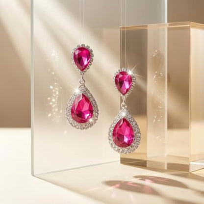 Pink Teardrop Crystal Rhinestone Dangle Earrings for Women | Teardrop crystal design,pink rhinestone dangle,sparkling finish,for bridal wedding formal pageant,elegant women jewelry