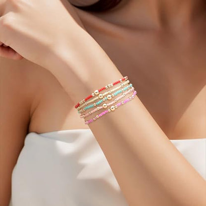 Gold Beaded Stackable Friendship Bracelets Set for Women, Handmade Boho Stretch Summer Jewelry Gift. - color: gold orange green red fuchsia yellow
