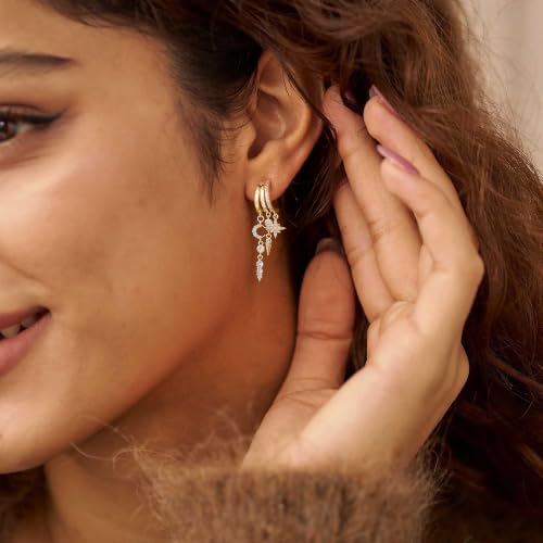14K Gold Plated Dangle Earrings for Women, Dainty Hoop Huggie Studs, Long Hanging Tassel Chain Multi Pierced Ear Stacking Jewelry Gifts - color: Star Moon Dangle-Gold