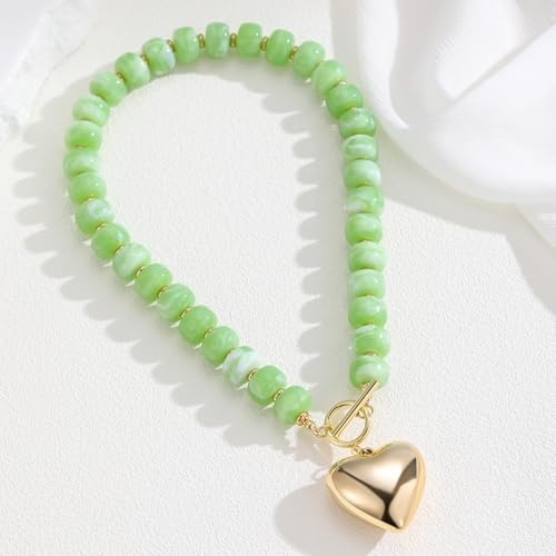 Chunky Heart Necklaces for Women Colorful Resin Beaded Necklaces for Women Gold Puffy Heart Statement Necklace Trendy Acrylic Choker Jewelry Gift - color: B