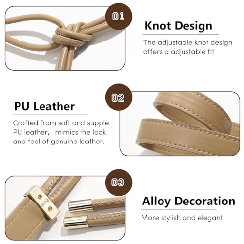 Women's Knotted Thin Waist Belt PU Leather Skinny Belts for Dresses Pants - color: Khaki