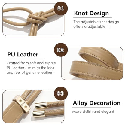 Women's Knotted Thin Waist Belt PU Leather Skinny Belts for Dresses Pants - color: Khaki