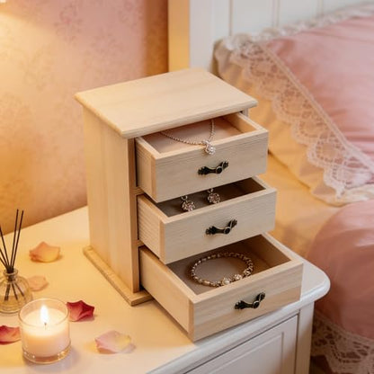 2-Pack Unfinished Solid Pine Wood Box with 3 Mini Drawers, Blank Natural Wooden Jewelry Organizer, Paintable and Carvable Storage Box for Arts, Crafts and DIY Projects