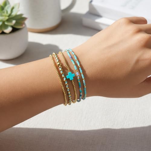 Gold Bracelets for Women, Beaded Cross Stack, Non Tarnish Set，Set-1 | Gold Beaded Bracelet Stack with Stretch Fit, Waterproof Finish and Dainty Design for Everyday Wear and Gifts - color: Colors-6