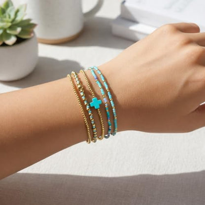 Gold Bracelets for Women, Beaded Cross Stack, Non Tarnish Set，Set-1 | Gold Beaded Bracelet Stack with Stretch Fit, Waterproof Finish and Dainty Design for Everyday Wear and Gifts - color: Colors-6