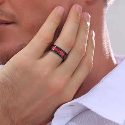 8mm Black Tungsten Carbide Ring for Men Women Red Carbon Fiber Celtic Dragon Inlay Knot Promise Wedding Band Beveled Edges Polished Comfort Fit - color: Red