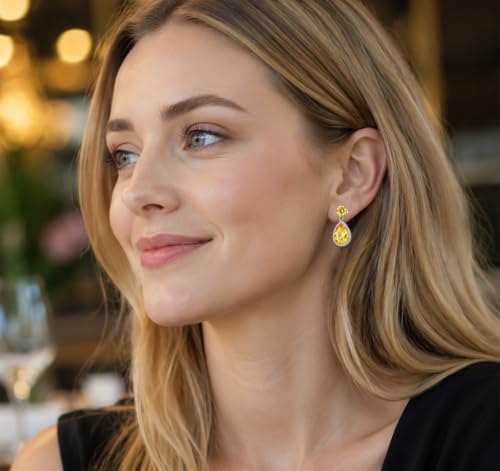 Drop Dangle Earrings Teardrop Gemstone Waterdrop White Gold Plated Crystal Hanging Cubic Zirconia Ruby Sapphire Emerald Jewelry Gift for Women Mother Wife - color: Yellow