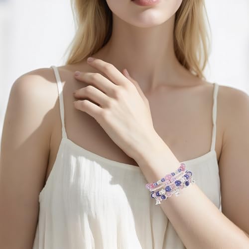 Besydec Stackable Boho Beaded Bracelets With Natural Stone & Pearl Heart & Clay Beads for Women,Adjustable Silver Jewelry - color: Purple Pink
