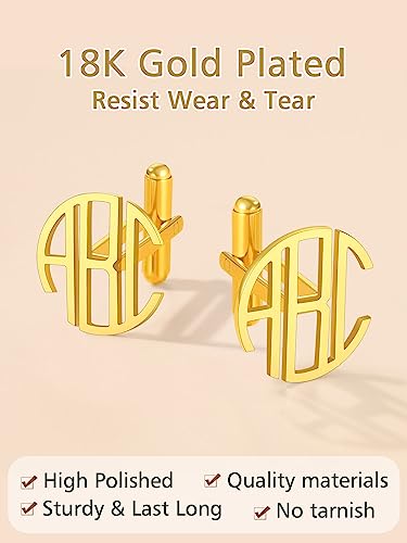 FindChic Stainless Steel Round Cufflinks with Custom Text/Picture/Monogram Letters 18K Gold Plated/Black Color for Men Groom Suits Shirts, with Gift Box - style: 03. custom 3 letters (gold plated)