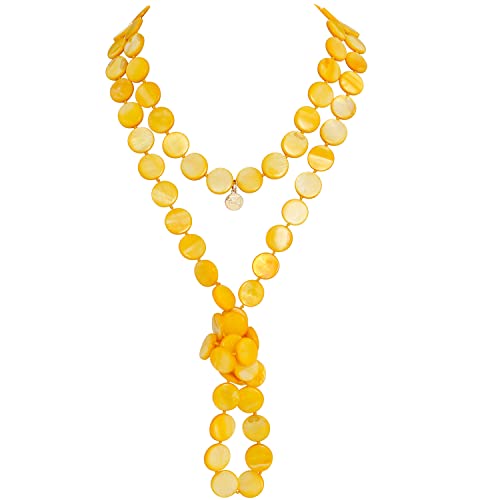 Firstmeet Flat Round Coin Shell Beads Long Knotted Necklace Natural Mother of Pearl Handmade Jewelry For Women - color: Yellow