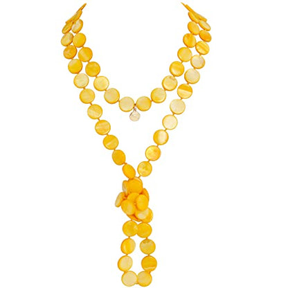 Firstmeet Flat Round Coin Shell Beads Long Knotted Necklace Natural Mother of Pearl Handmade Jewelry For Women - color: Yellow