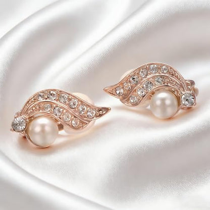 Yoursfs Pearl Clip On Earrings for Women 18K Rose Gold Plated Dainty Iced CZ Angel Wing Earring White Pearl Clip On Earring Non Pierced Earrings Jewelry