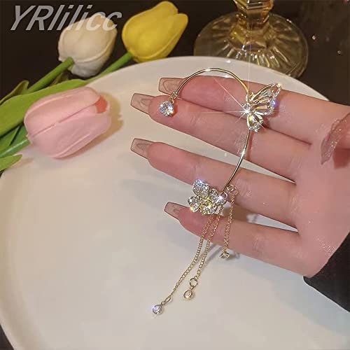 2Pcs Butterfly Ear Cuffs Rhinestone Clip On Earrings | Rhinestone butterfly ear cuffs with non piercing clip on design; silver ear wrap climber jewelry for parties and weddings - style: Style D Gold