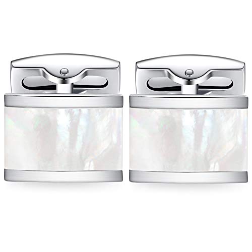 HONEY BEAR Rectangle Cufflinks for Men Wedding Business | Classic, Tarnish-Resistant, Steel-Plated Copper Base, Gift Box, for Groomsmen, Father, Husband, Anniversary, Formal Events - color: White Shell