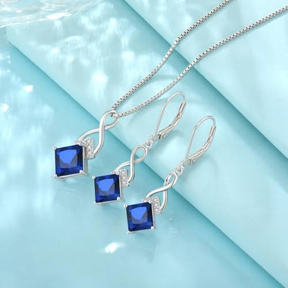 Infinity Necklace 925 Sterling Silver Princess Cut Pendant Birthstone Jewelry for Women - color: Royal Blue