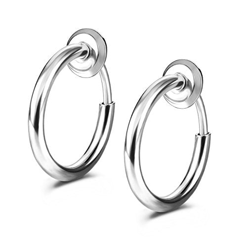 JewelrieShop Retractable Earrings Fake Hoop Fake Nose Ring Non Pierced Earrings Fake Cartilage Piercing Clip On Nose Ring Septum Ring for Women (1 Pair, Black/Silver/Gold/White) - color: #01. Silver Tone x 1 Pair
