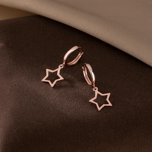 Reffeer Solid 925 Sterling Silver Star Hoop Dangle Earrings for Women Teen Girls Star Drop Earrings Huggie - color: C-Rose