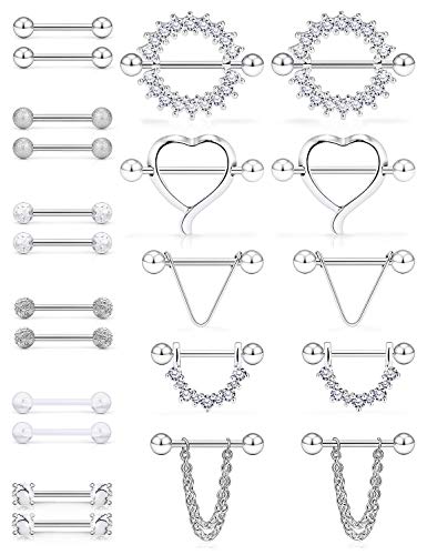 SCERRING 14G Nipple Rings Stainless Steel Nipplerings CZ Heart Tongue Shield Barbell Rings Retainer Body Piercing Jewelry for Women 9/16Inch 11 Pairs - color: 11 Pairs - Silver