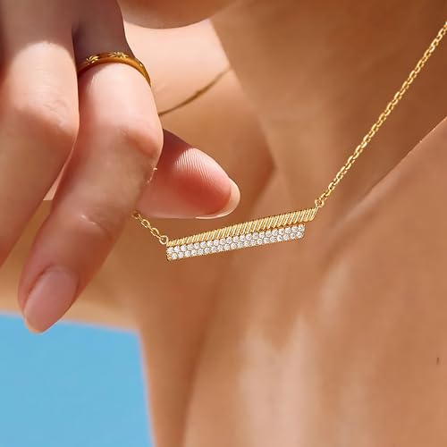 Fettero Dainty 14K Gold Plated Cubic Zirconia Necklaces for Women, Simple Bar Pendant Necklace, Mix-color Rainbow Jewelry Gold Necklace for Women Trendy Gifts - style: Dual Bar
