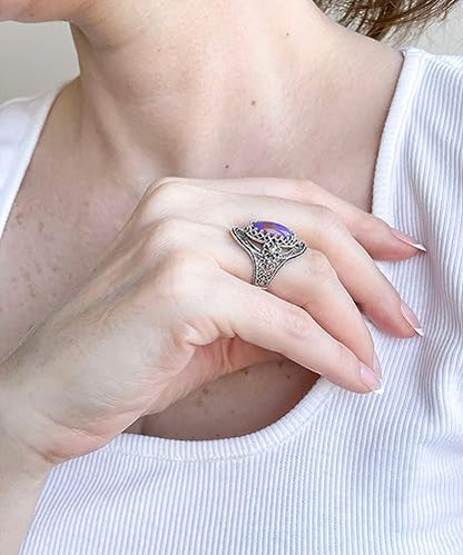Filigranist 925 Sterling Silver Handcrafted Filigree Art Flower Pattern Woman Oval Statement Ring, Gift Boxed - color: Mojave Turquoise